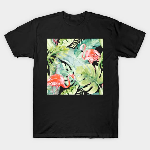 Pink Flamingos Sage Green Tropical Foliage T-Shirt by PixDezines